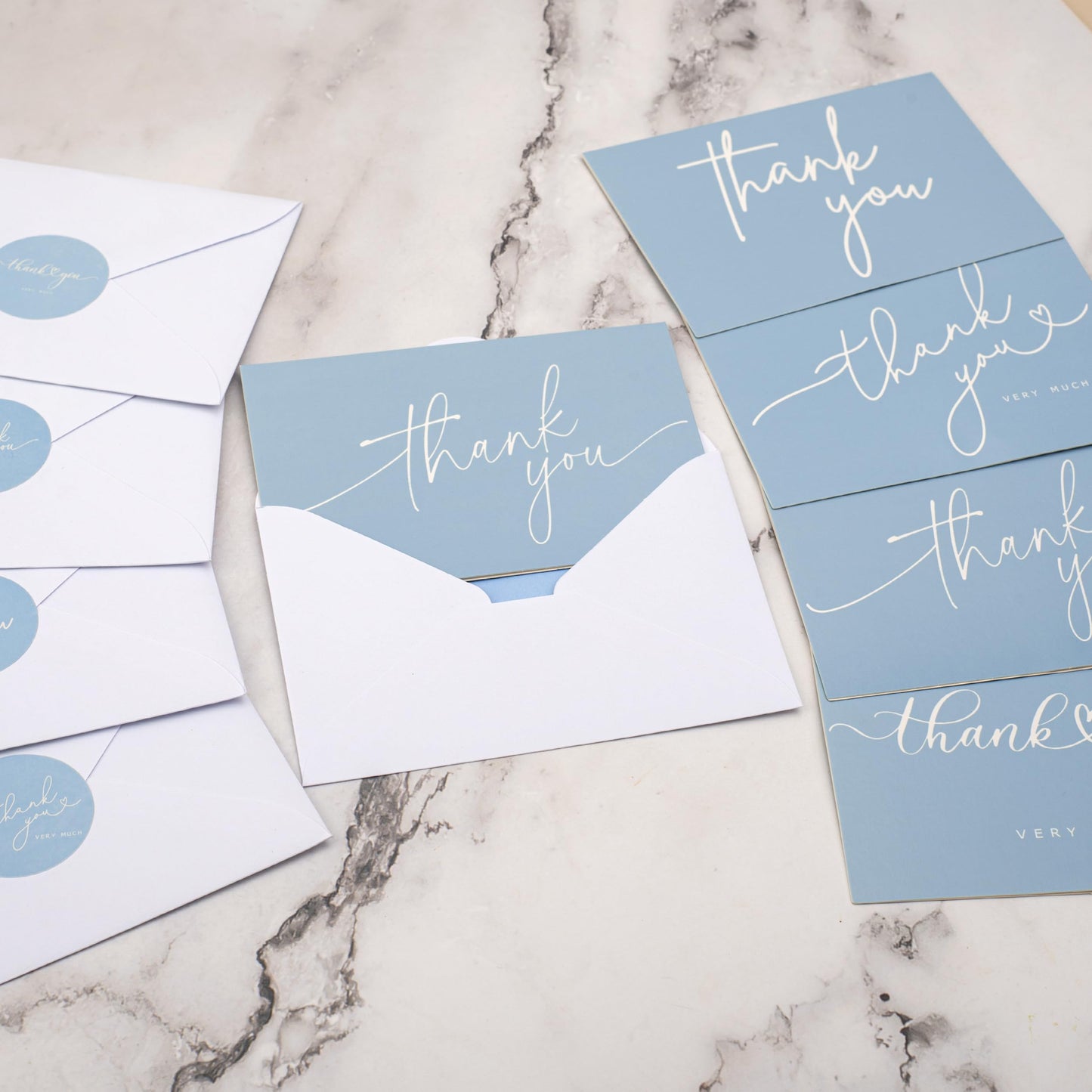 100 Bulk Light blue Thank You Cards with white Envelopes and stickers - 4 Minimalistic Designs