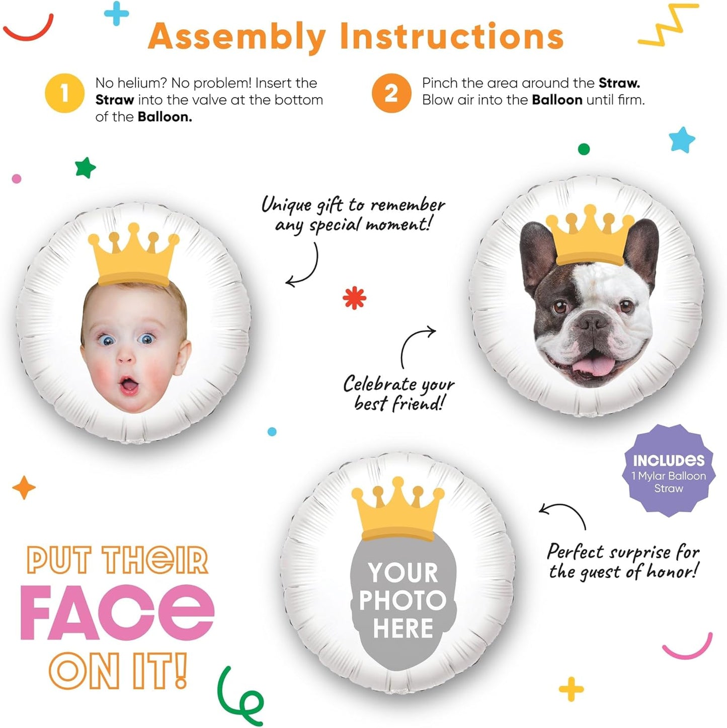 Big Dot of Happiness Personalized Crown Fun Face Photo Balloon, Kids Royal or Princess Birthday Party Decorations, Custom Double-Sided Circle Mylar, 1 Piece