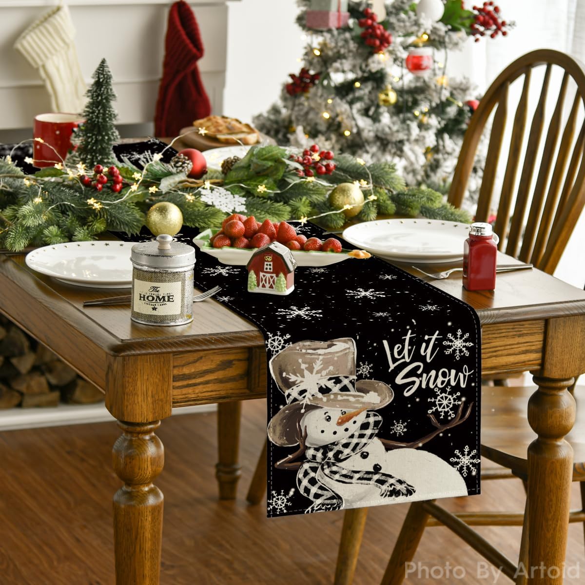 Artoid Mode Black Snowman Snowflake Let it Snow Winter Table Runner, Christmas Kitchen Dining Table Decoration for Home Party Decor 13x36 Inch