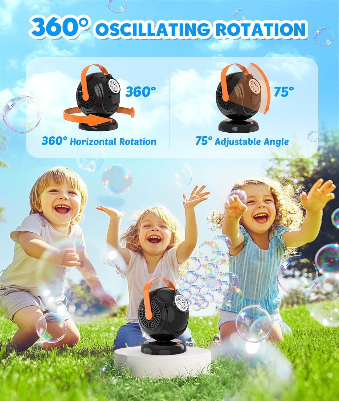Joyfuture Automatic Bubble Machine, Black Bubbles Blower for Kids, Toddlers - 360° Rotation, 75° Adjustment, with LED Light - Gifts for Boys, Girls, Outdoor, Birthday, Party