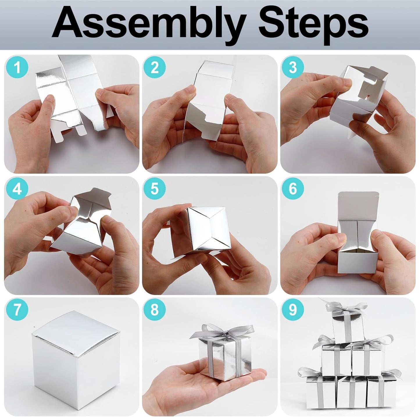 COCPOK 50 Pack Silver Gift Boxes, 2x2x2 inch Gift Box, Small Candy Boxes with Lids and Ribbons, Paper Favor Box for Wedding Bridal Shower Baby Shower Birthday Party