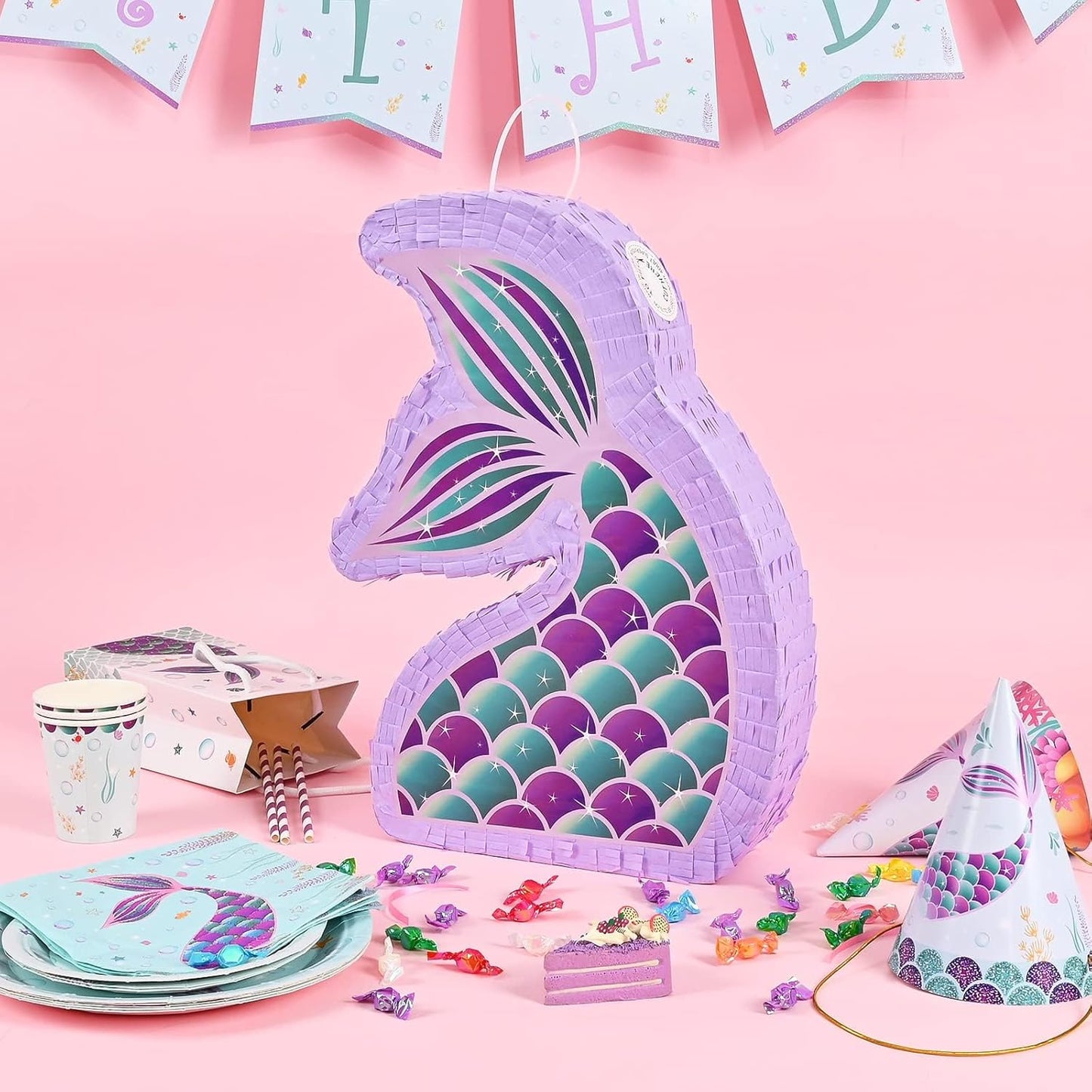 WERNNSAI Mermaid Piñata - Mermaid Party Supplies Piñata Bundle with Blindfold and Bat for Girls Kids Ocean Theme Birthday Party Game Carnival Activity Decorations (16.7" x 12.2" x 3.1")