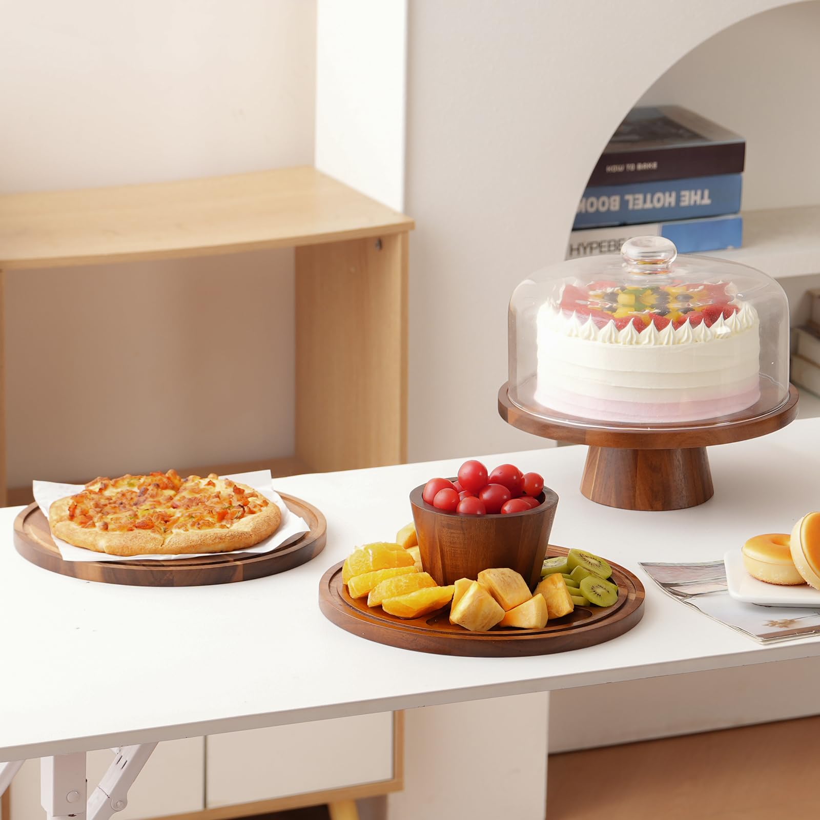 Acacia Wood Cake Stand with Glass Lid–12" Magnetic Base for Parties&Kitchen