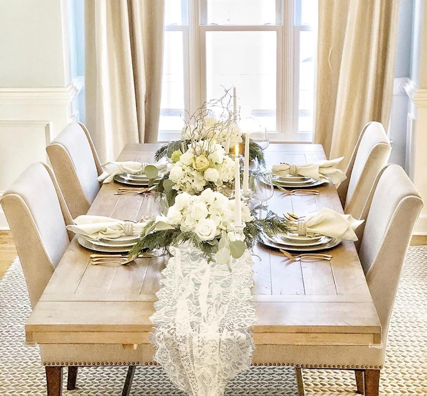3 Pcs White Lace Table Runner 14 x 120 Inch Embroidered Boho Table Runner for Wedding Party Bridal