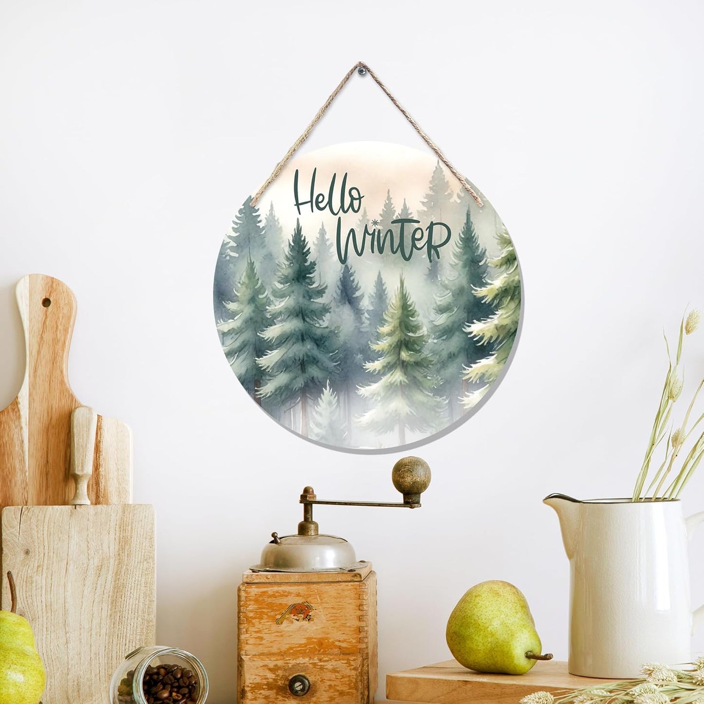 CGBHW Hello Winter Welcome Forest Wooden Sign, Winter Farmhouse Pine Trees Holiday Seasonal Decoration Hanging Sign Wall Decor, Rustic Christmas Wooden Sign for Home Office Nursery Door Decor 12 x 12 Inch