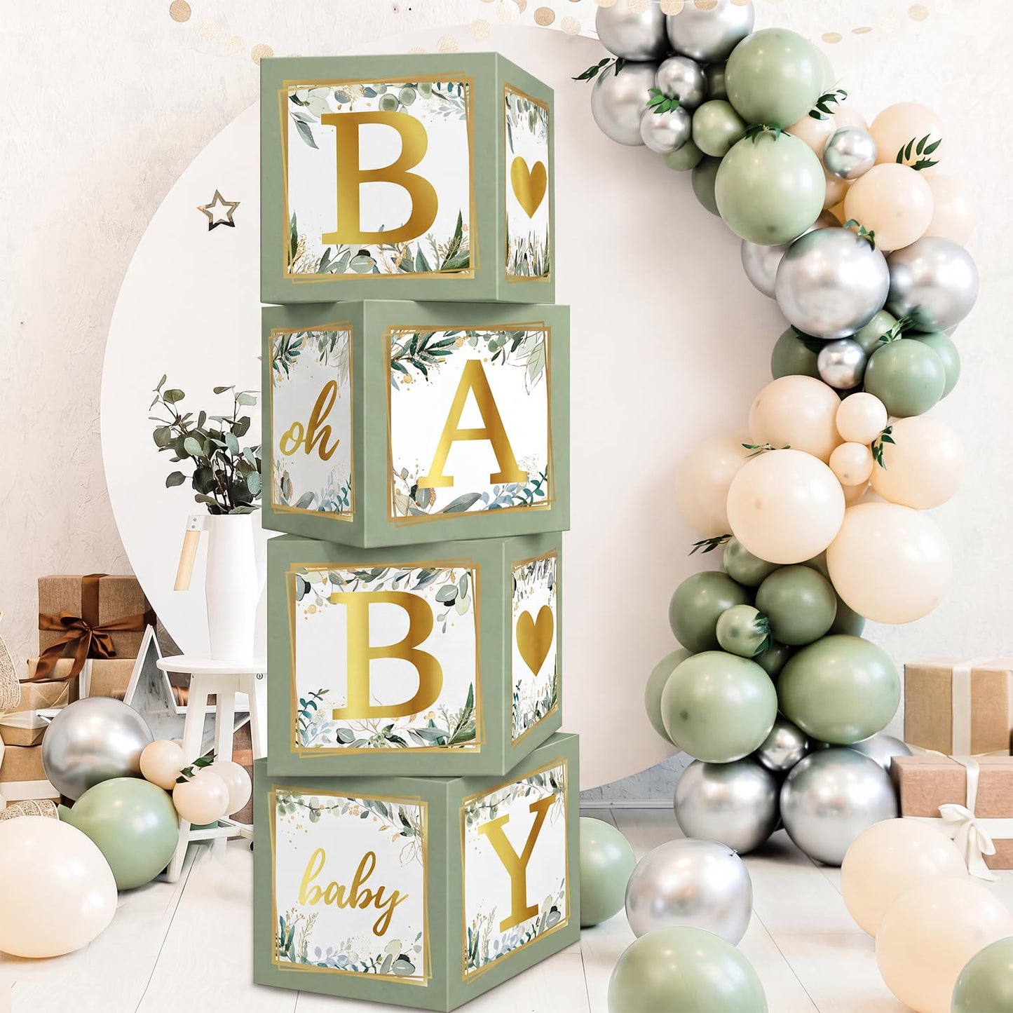 RUBFAC Baby Shower Boxes with Letters, 4pcs Sage Green Baby Shower Decorations for Boy Girl Balloon