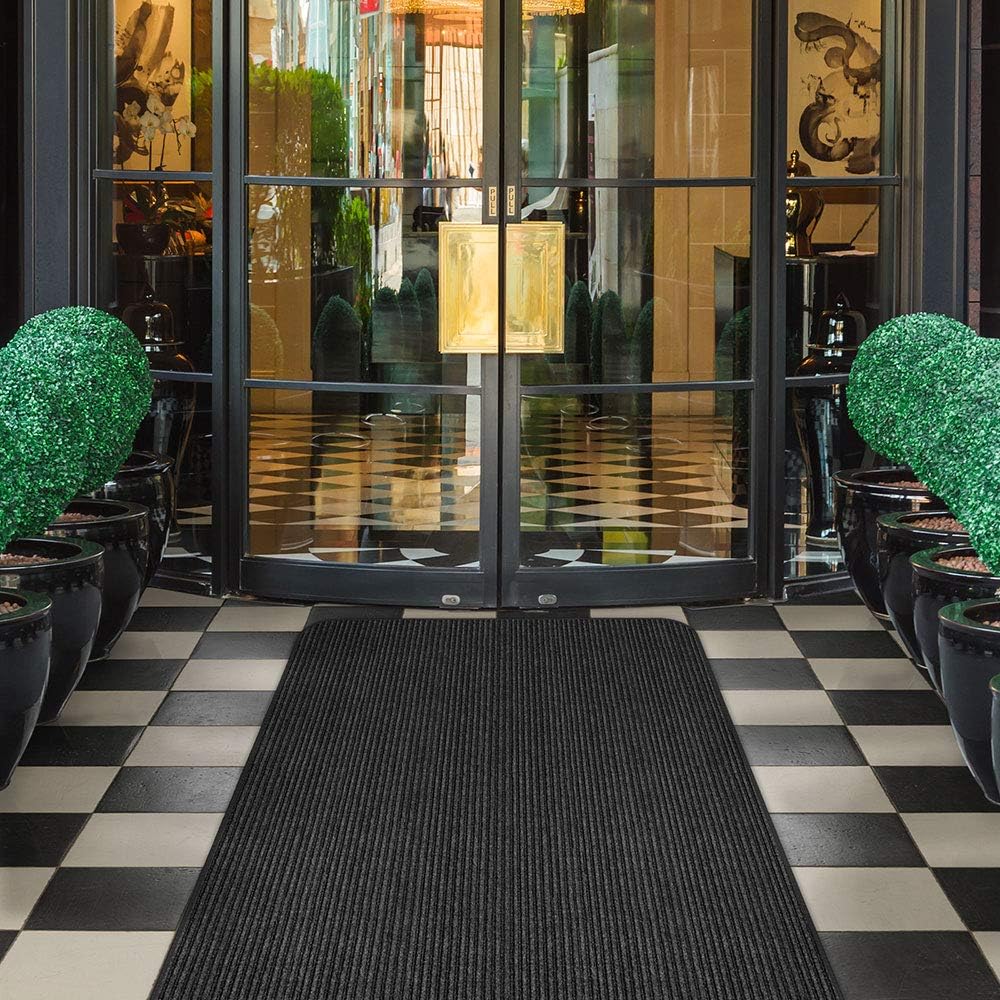 House, Home and More Indoor Outdoor Double-Ribbed Carpet Runner with Skid-Resistant Rubber Backing - Smokey Black - 4 Feet x 10 Feet