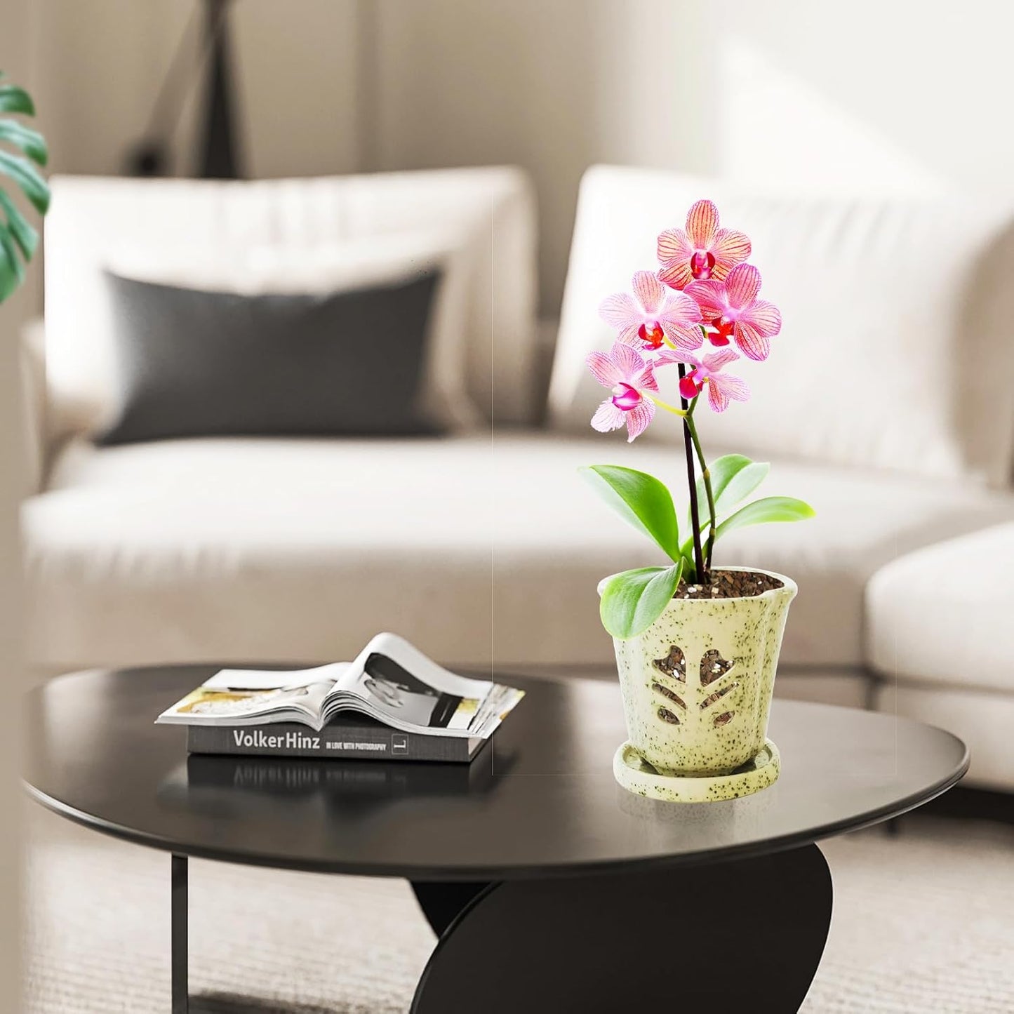 Orchid Pot 4 Inch, Ceramic Orchid Pots with Hole for Repotting, Beatiful Ice Cracked Glaze Ceramic Flower Plant Pot with Saucer, Breathe Easy and Healthy for Orchid Plants.