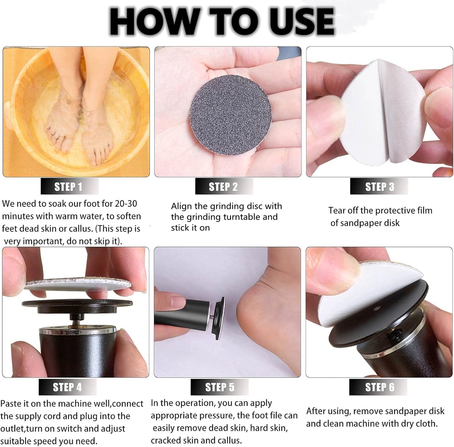 Electronic Foot File Grinder (Speed Adjustable) with 60pcs Replacement Sandpaper Disk，Electric Foot Scrubber Dead Skin Remover，for Feet Hard Cracked Dry Dead Skin Exfoliation，Unisex（Black）