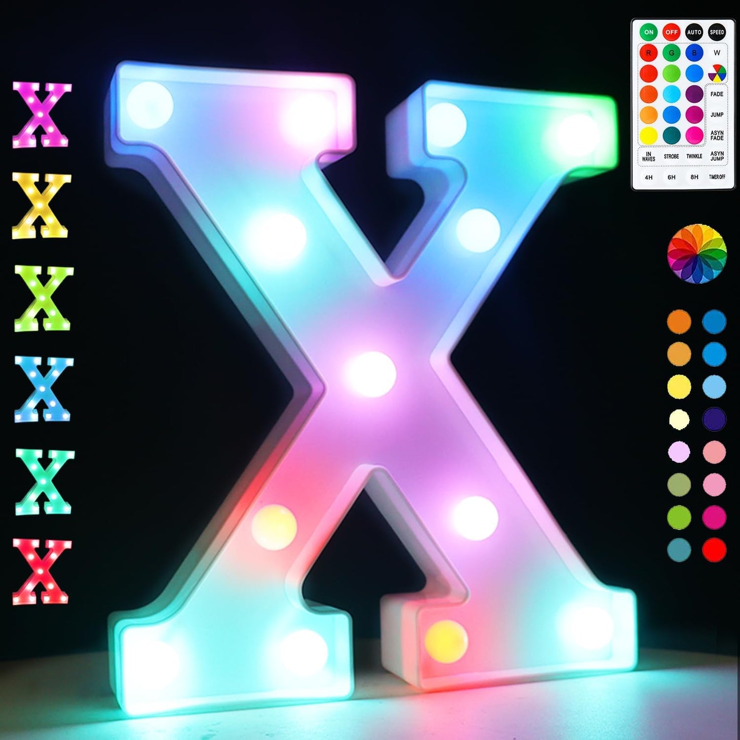 Light Up Colorful LED Marquee Letter lights, 18 Colors Changing Alphabet Letters Sign with Remote Timer for Night Light Girls Bedroom Wedding Birthday Party Lamp Christmas Home Bar Decor- Colorful X