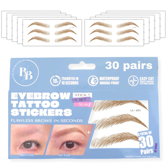 Bliss and Beyond USA Eyebrow Tattoo Stickers Waterproof – 30-Pair Deluxe Box | Realistic Hair-Like Temporary Brows for Alopecia, Cancer, and Hair Loss (Light Brown, Natural Los Angeles)