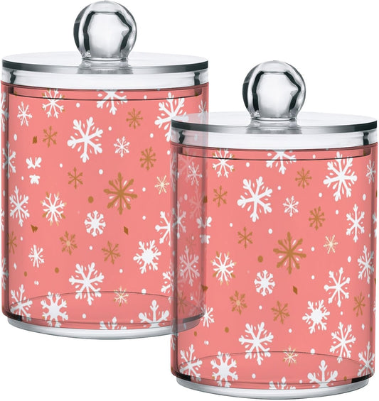 Gredecor 2 Pack Qtip Holder Clear Christmas Golden Pink Snowflakes Apothecary Jars with Lids Acrylic Christmas Winter Bathroom Jars Vanity Canister Storage Organizer for Cotton Ball,Swabs,Pads,Floss