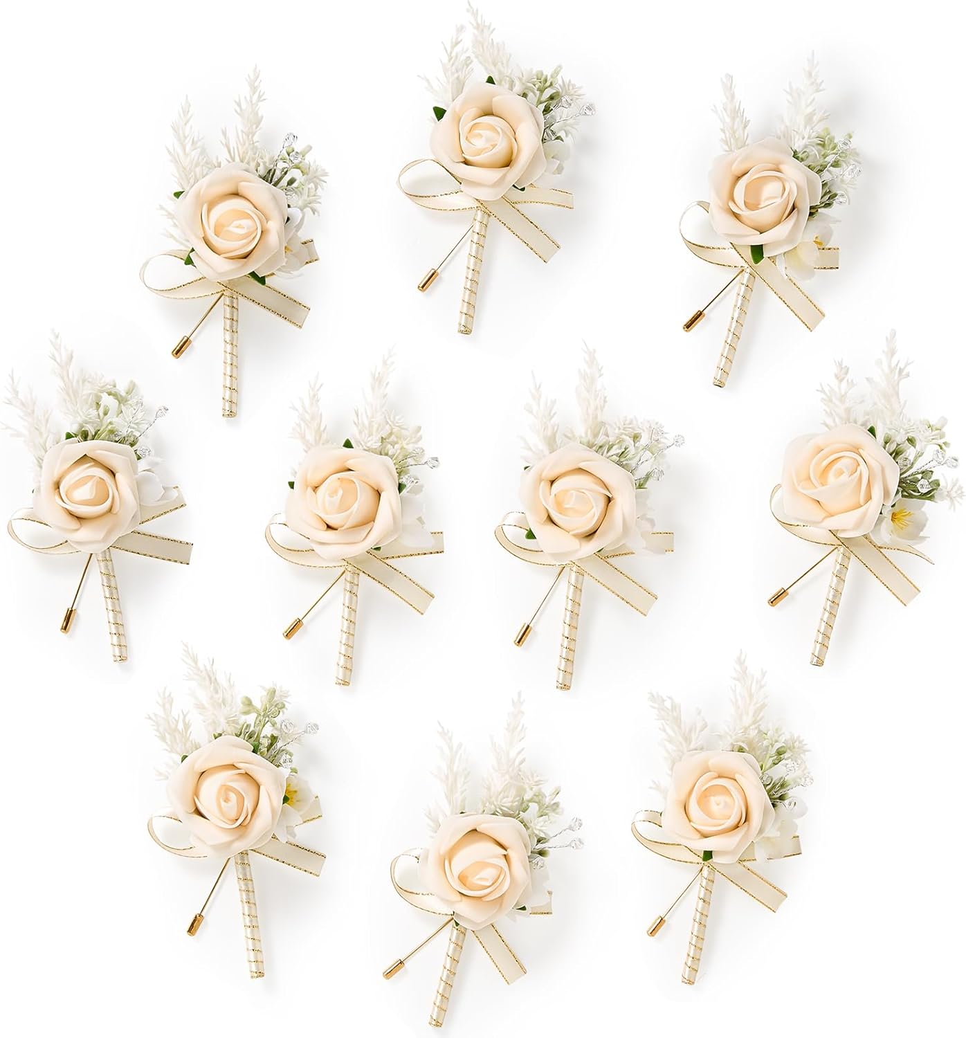 Serwalin 10Pcs Boutonniere for Men Wedding, Champagne Groom and Best Man Boutonniere, Artificial Flowers for Wedding Decor Prom Homecoming Ceremony Anniversary Formal Dinner Party