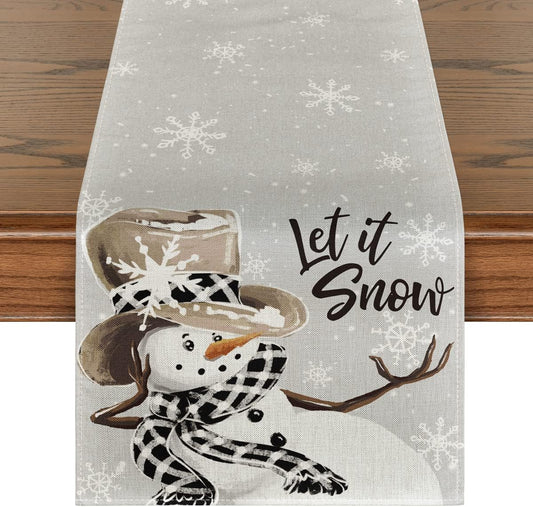 Artoid Mode Grey Snowman Snowflake Let it Snow Christmas Table Runner, Seasonal Winter Kitchen Dining Table Decor for Home Party Indoor 13x36 Inch