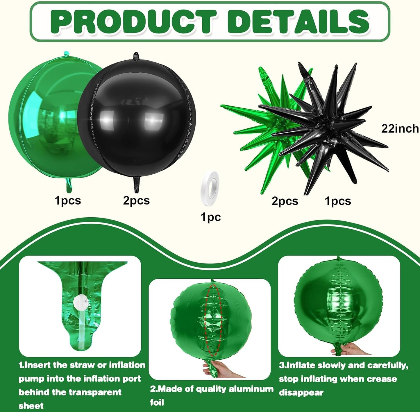 6Pcs Black Green Foil Balloons,22Inch Black Green 4D Round Ball Balloon and Explosion Star Balloon for Birthday Wedding Baby Shower Anniversary Party Decorations