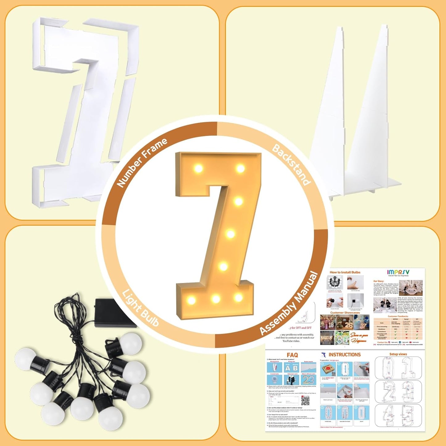 imprsv 3FT Marquee Numbers, Light Up Numbers for 7th 70th Birthday Decorations Anniversary Party Decor, Number 7 Light Up Number, Pre-Cut Foam Board Kit