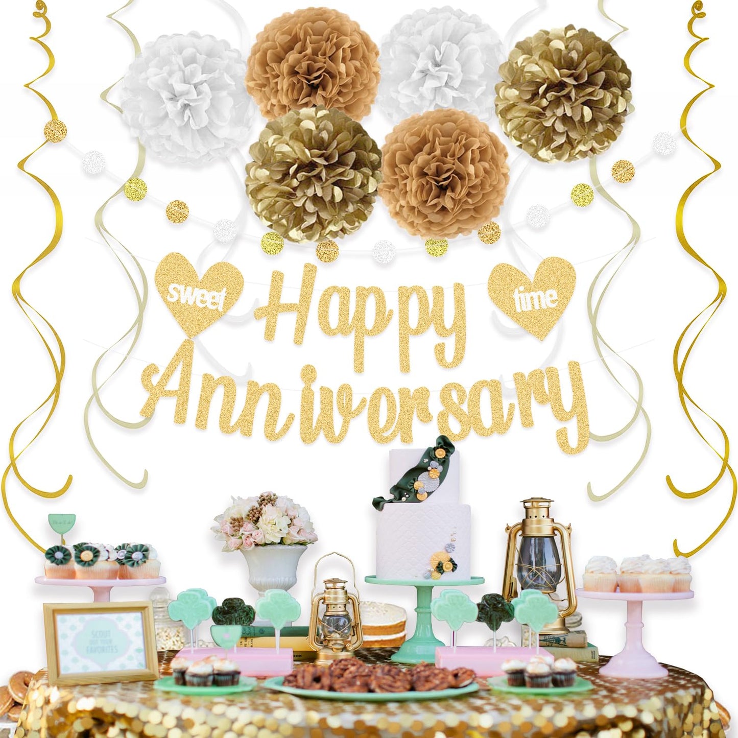 Happy Anniversary Decorations with Gold Happy Anniversary Banner, 18pcs