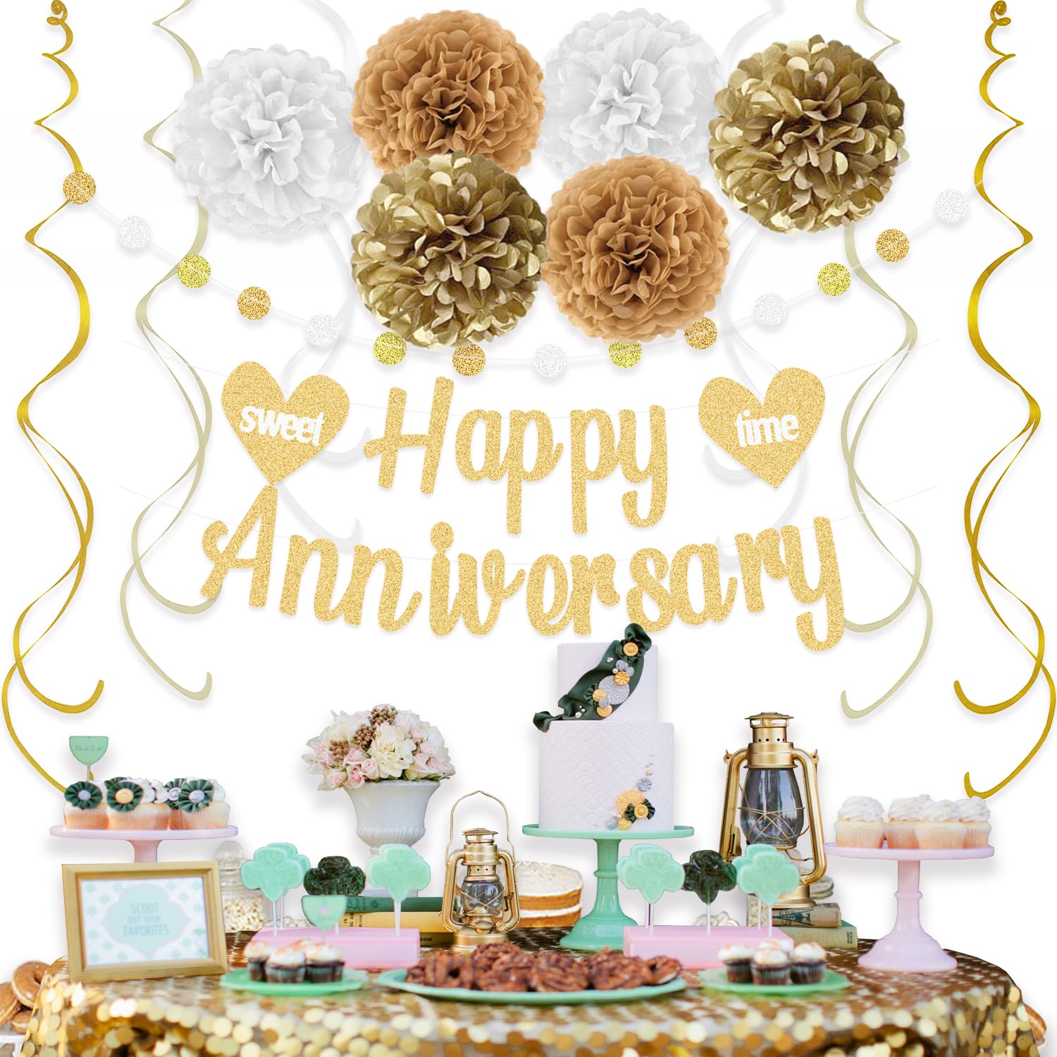 Happy Anniversary Decorations with Gold Happy Anniversary Banner, 18pcs