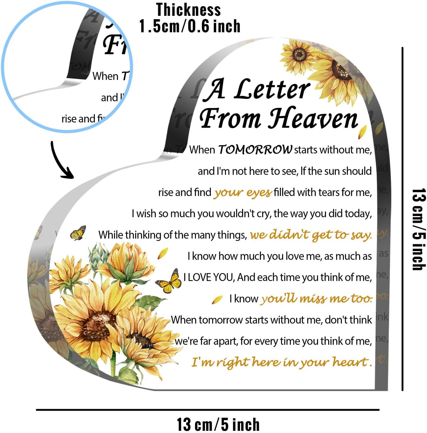 Sympathy Gifts - A Letter from Heaven- Memorial Gift for Loss of Mother Father Husband Son, Acrylic Heart Keepsake,Remembrance Sympathy Gifts （Sunflower）