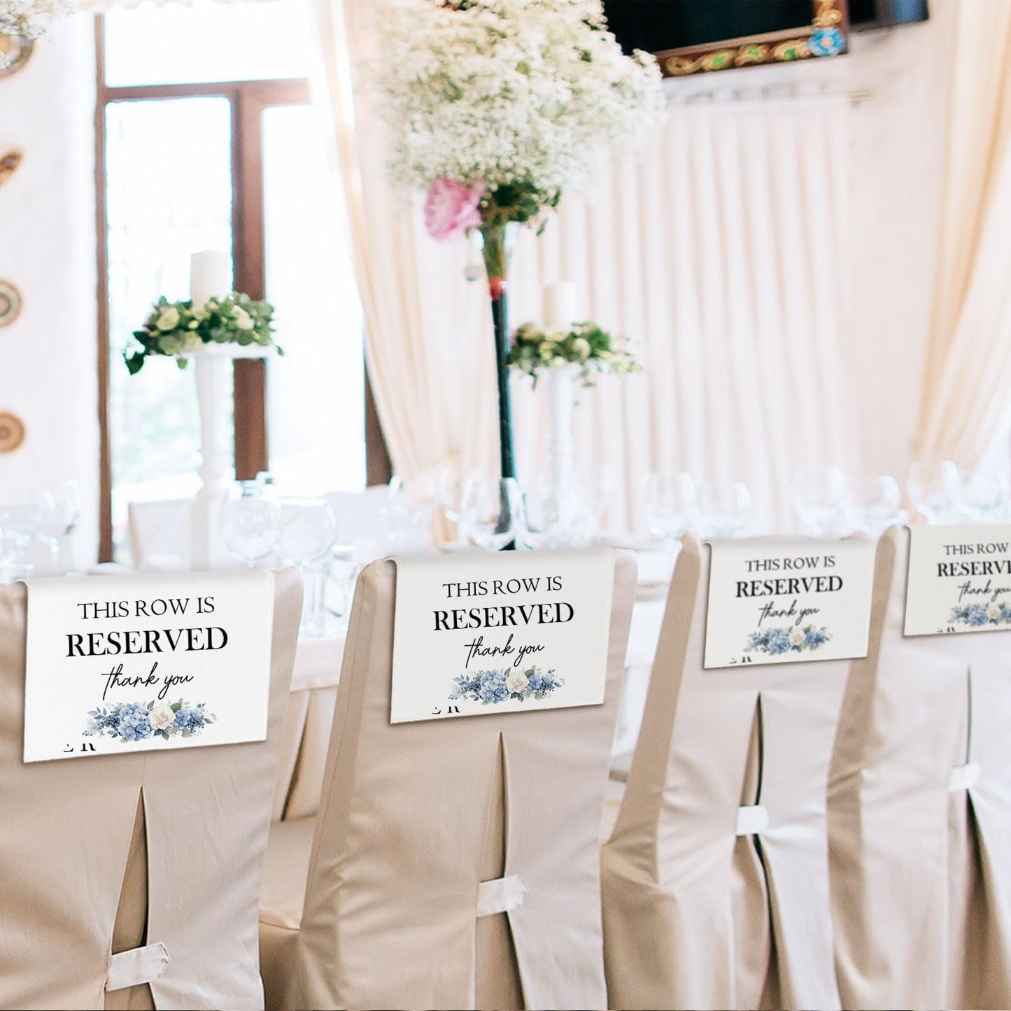 Reserved Seating Chair Signs, This Row Is Reserved Pew Cloths Seating Placeholder for Church Pews, Wedding Decorations for Reception Parties Celebrations Event Meetings (Blue Floral, 4 PCS)