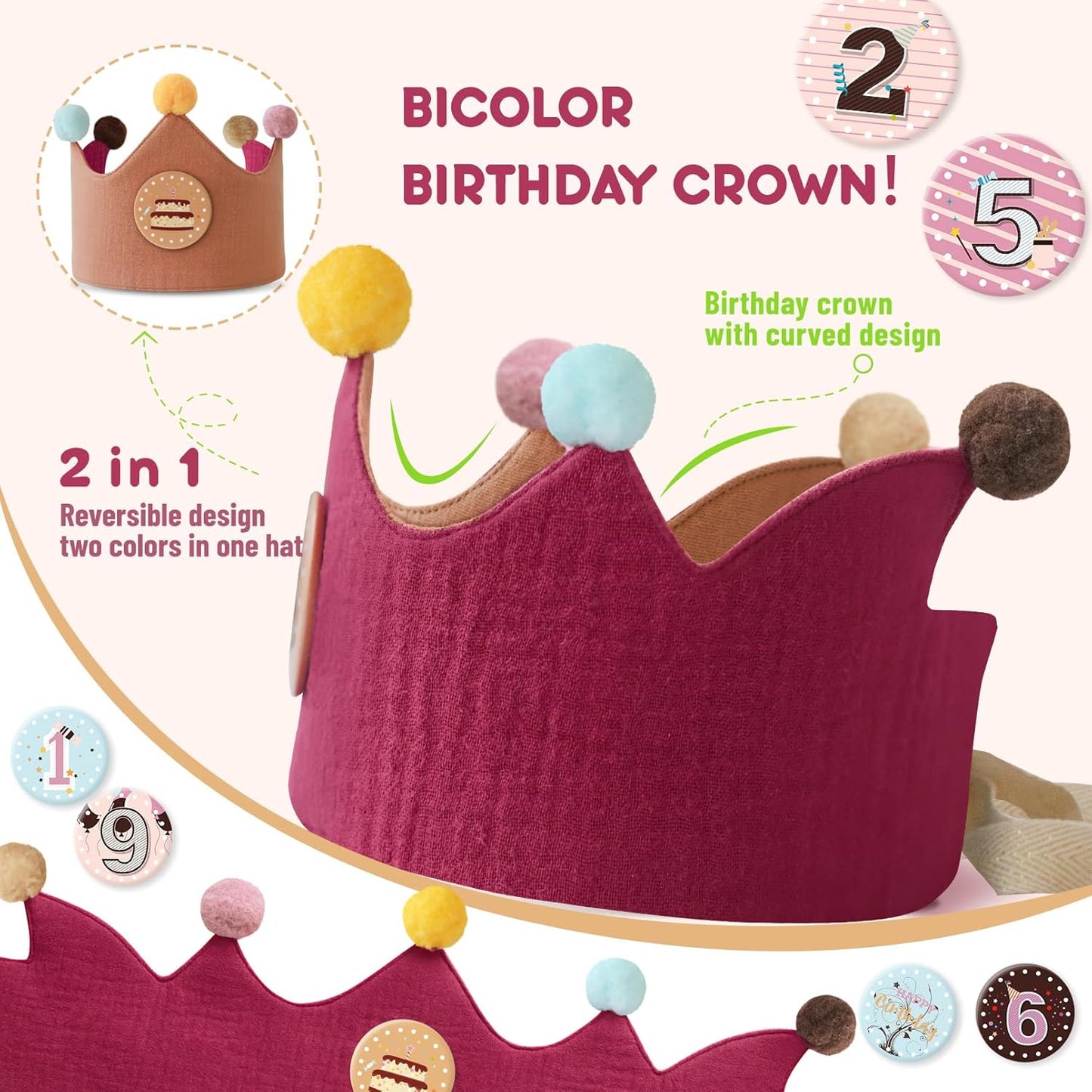 Reusable Birthday Crown with Numbers,Kids Birthday Hat Fabric Crown Pertain Kids Boy Toddler Girl Baby Bday Hats