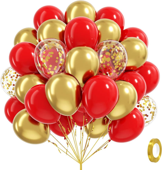 60pcs Red and Gold Balloons 12inch, Red and Gold Party Decorations with Confetti Balloons for Valentine's Day Wedding Engagements Graduation Anniversary Birthday Party Decoration