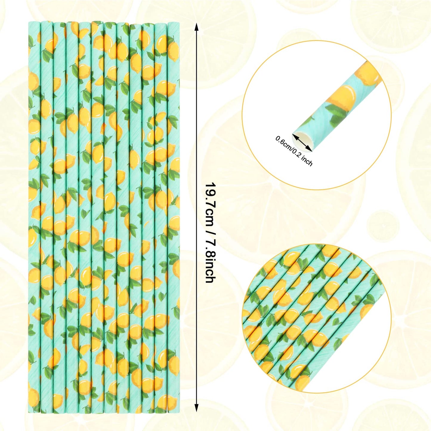 Whaline 200Pcs Watercolor Lemon Paper Straws Summer Disposable Drinking Straws Lemon Party