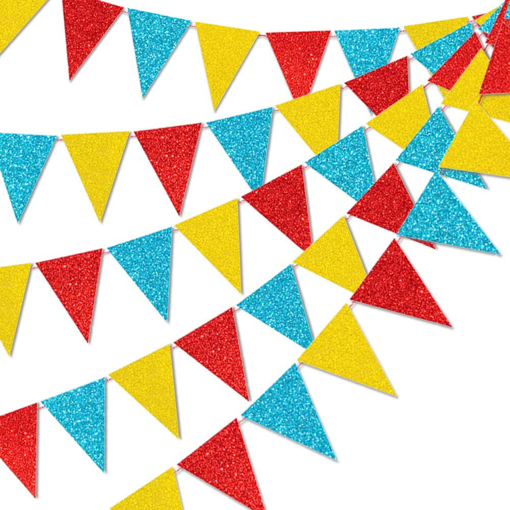 45 Pieces Colorful Pennant Flags - 49ft Carnival Theme Party Garland Banner Yellow Blue Red Glitter