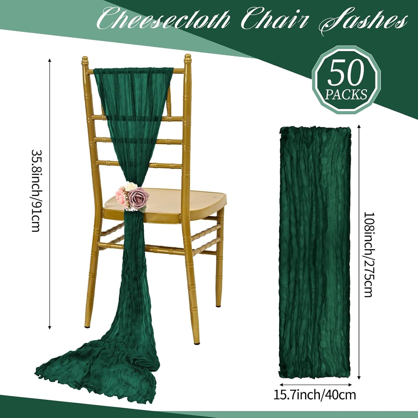 50 PCS Cheesecloth Chair Sashes, Bows Designed ChairSashes, 15.7x108 inch Chair Sashes for Aisle Decorations Universal Chairs Cover Decoration for Wedding Reception Party Banquet (Emerald Green)