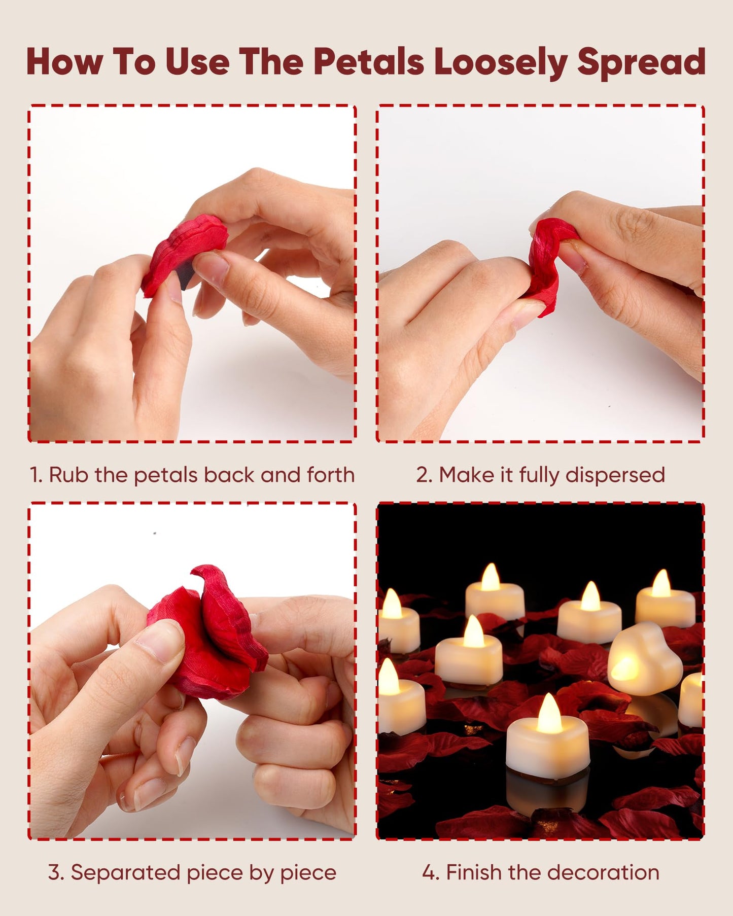 Amagic 1000 Pieces Artificial Rose Petals with 12 Heart LED Tea Lights Candles Kit, Rose Petals and