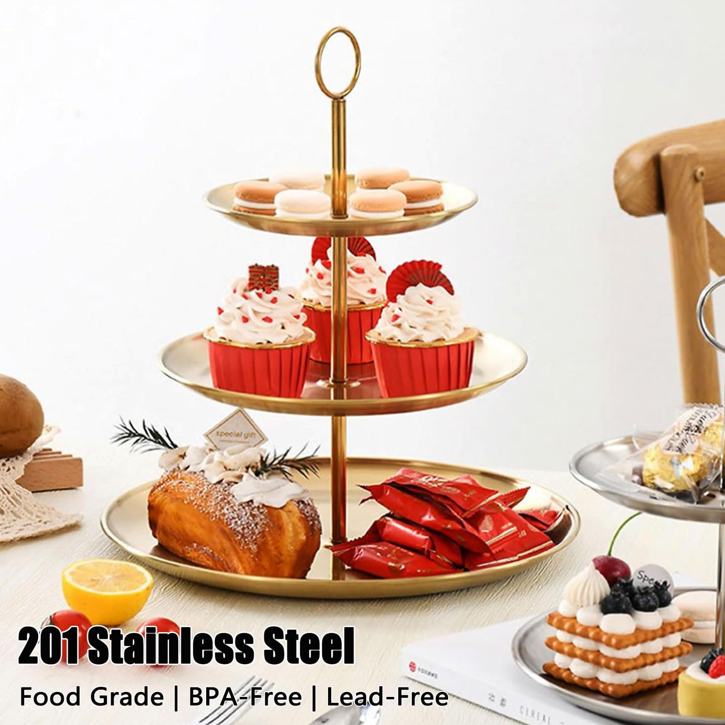 QTLCOHD 2 Pcs 3 Tier Stainless Steel Cupcake Stand