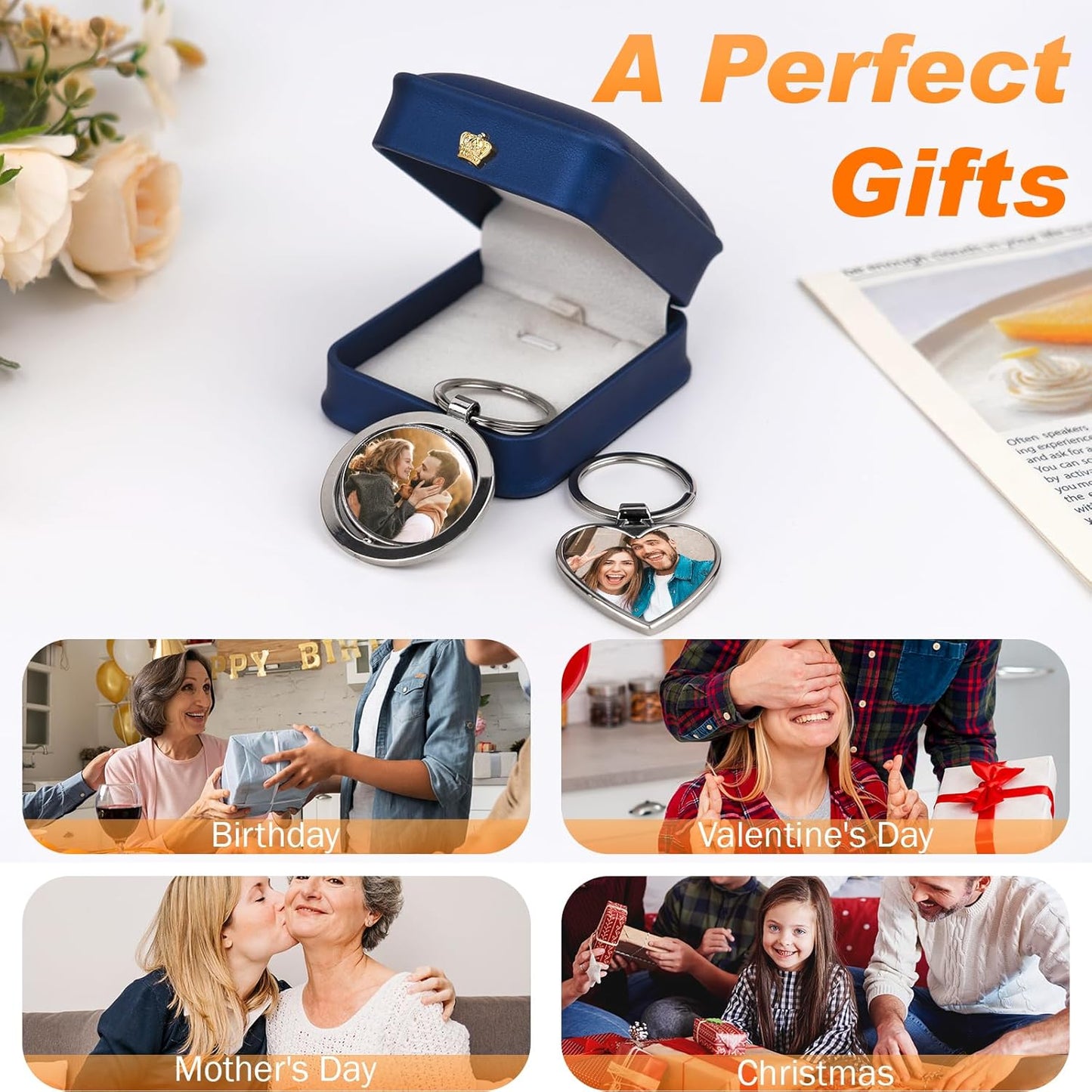 Custom Keychain with Picture, Personalized Photo Keychain with LOGO Text, Customized Gifts for Boyfriend Couple