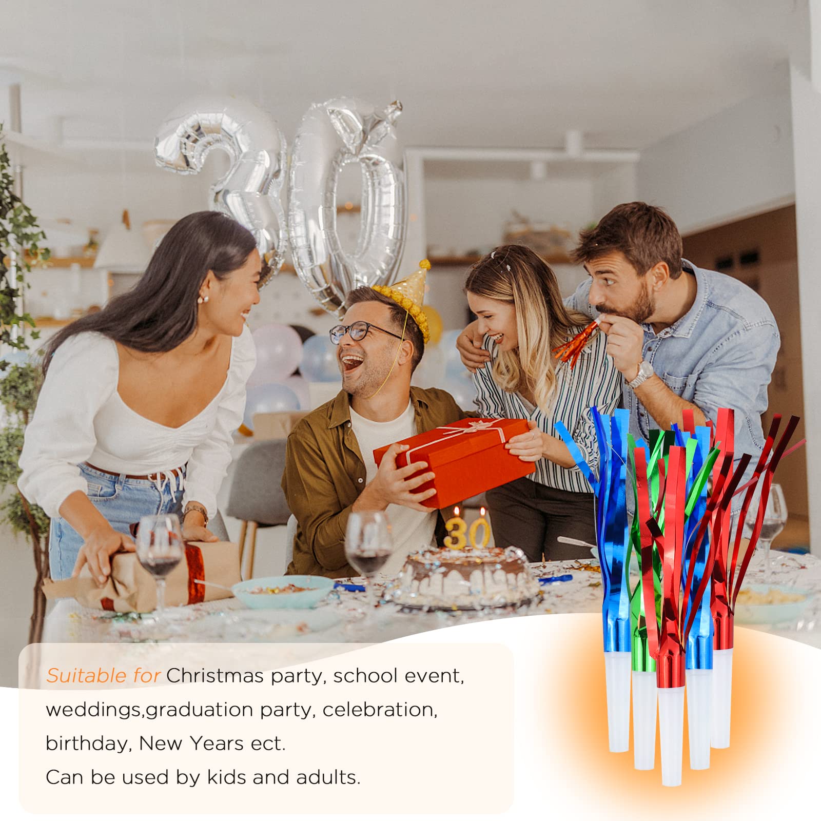 WEOXPR 144Pcs Noisemakers Blowouts Horns Bulk, 2 Styles (Paper + Fringed Metallic) Party Blowers