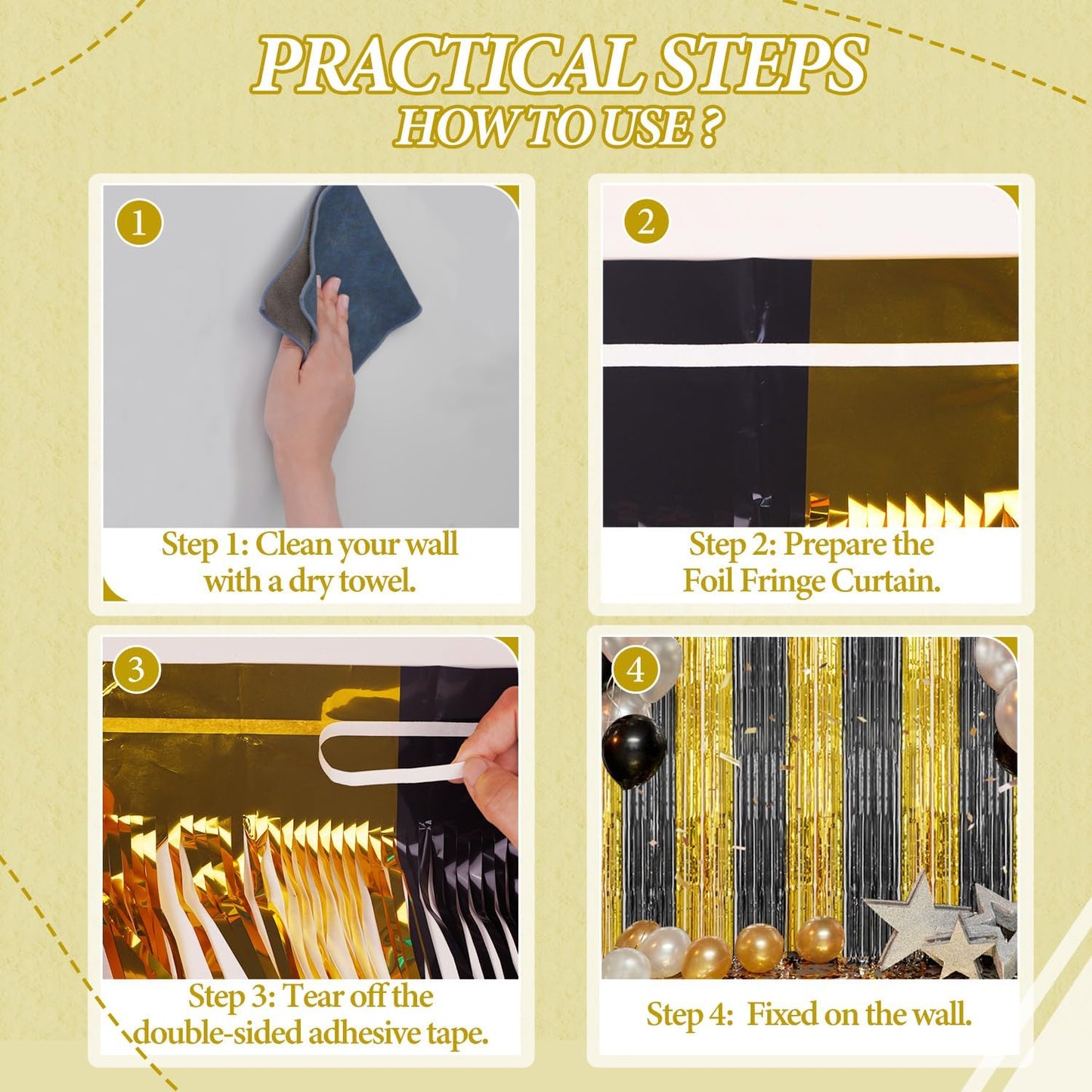 3 Pack Foil Fringe Backdrop - Black&Gold Shiny Tinsel Curtains for Party Decoration/Photo Booth Props - 3.3x8.2 FT Metallic Foil Backdrop for Birthday, Wedding, Graduation, Christmas.