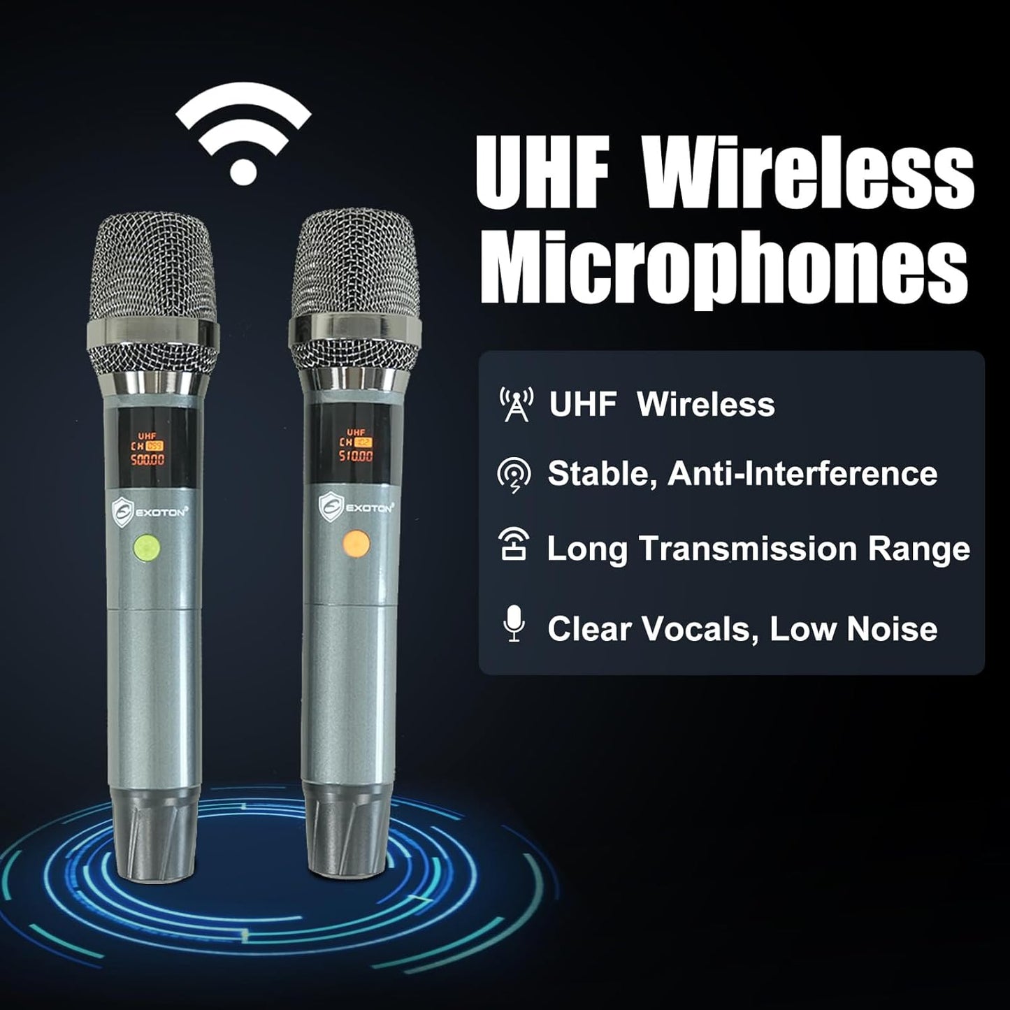 EXOTON S-1501 15 Inch Portable Rechargeable PA Speaker - 1600W, Bluetooth, TWS, USB/RCA, 2 UHF Mics, Remote, 7-Color Lights, DSP with 4 Scene Presets, 5-Band EQ