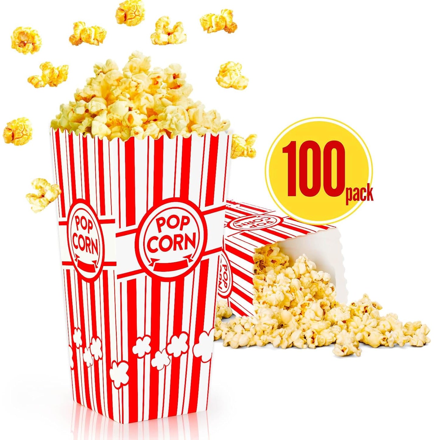 ZEEGO0 100-Pack Popcorn Boxes, Sturdy and Durable Popcorn Bucket, 7.75in Tall Large Capacity Containers, Cups & Bowls, Convenient Movie Night Supplies, Perfect for Families, Parties, Carnivals