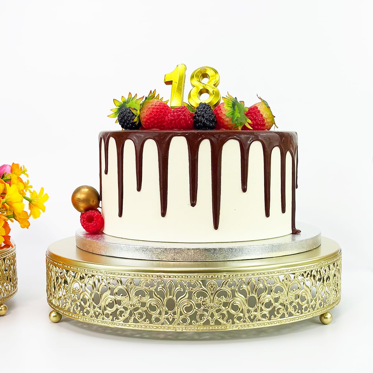 FEICTPOX 12 Inch Luxury Light Gold Cake Stand, Round Metal Dessert Display with Ornate Filigree