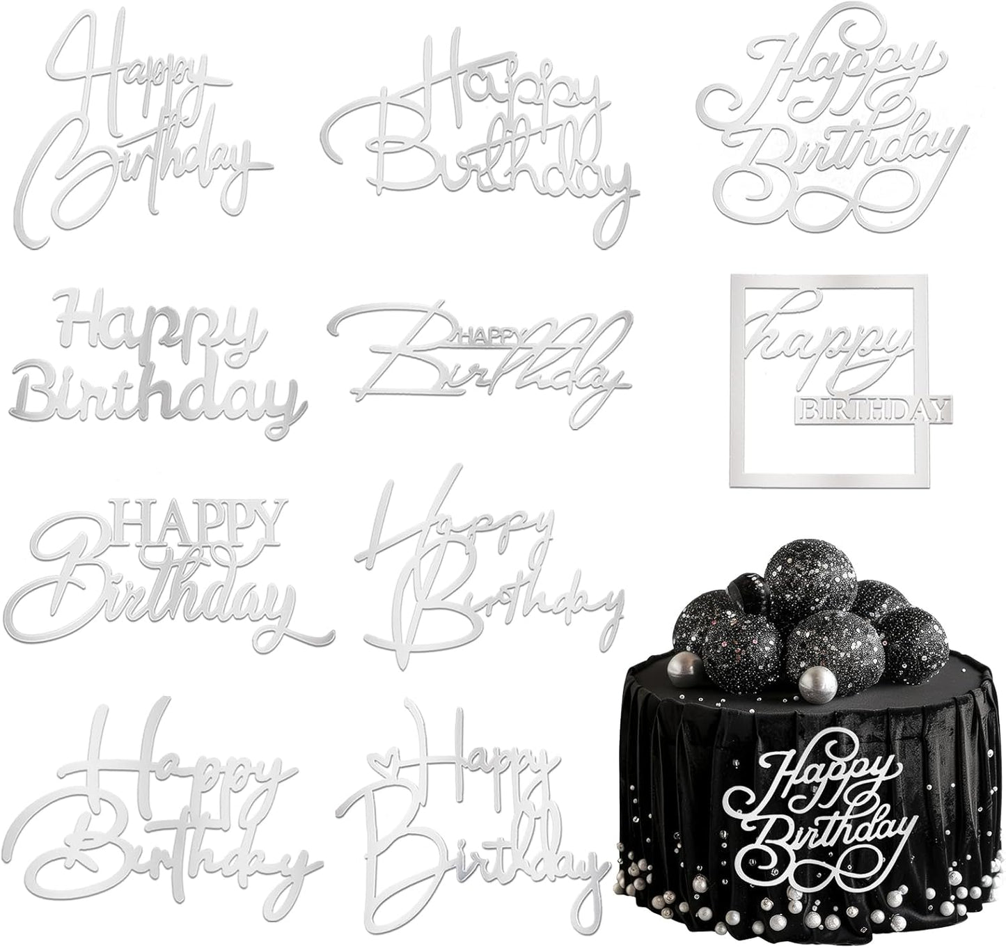 10 PCS Silver Happy Birthday Cake Topper Mirror Acrylic Cake Toppers Double-Sided Glitter Birthday Decorations for Girls Women's Party Supplies