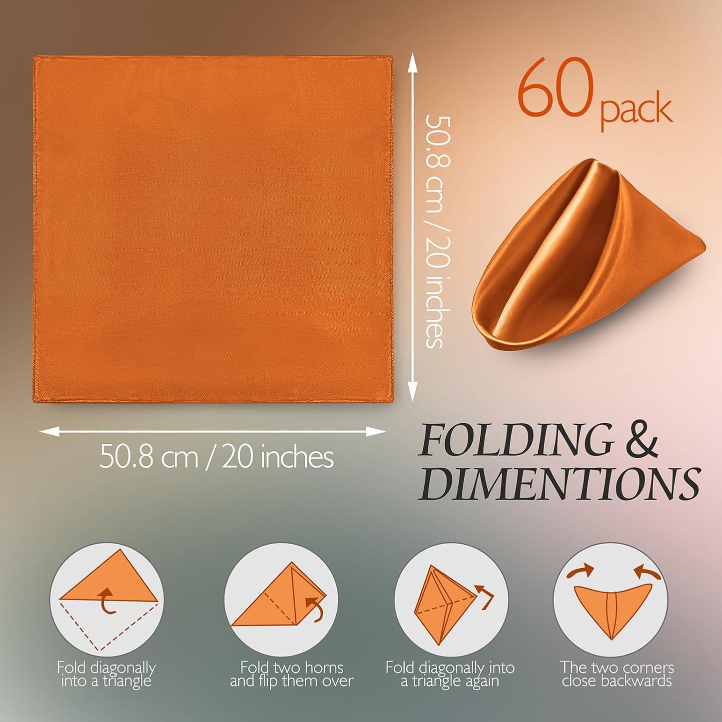 Manyshofu 60 Pieces Terracotta Satin Napkins - 20x20 Inches Cloth Napkins, Square Satin Fabric Napkins Set - Soft & Reusable Table Napkins for Wedding Dinner Party Lunch