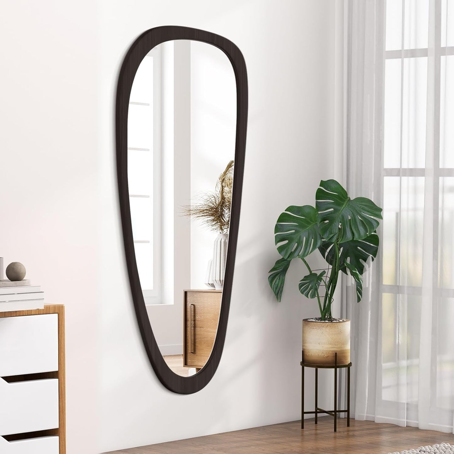 WallBeyond Asymmetrical Mirror, Irregular Wall Mirror, Wall Mirrors Decorative for Bedroom Living Room Entryway Hall, Wood Mirror for mid Century Modern Decor 48" H x 22" W, Black