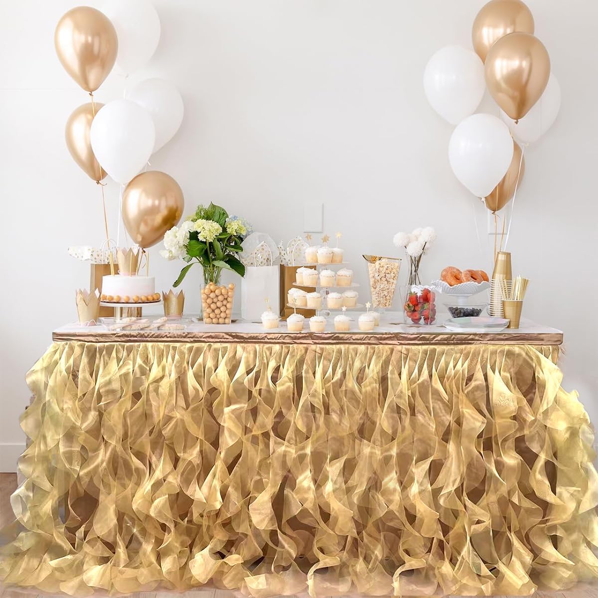 Luxury Organza Mesh Table Skirt Draping Floating Romance - Perfect for Bridal Showers, Birthday Weddings - Clear Flowing Decoration for a Wonderful Main Cake Table (Gold-6ft, 72" L×30" H)