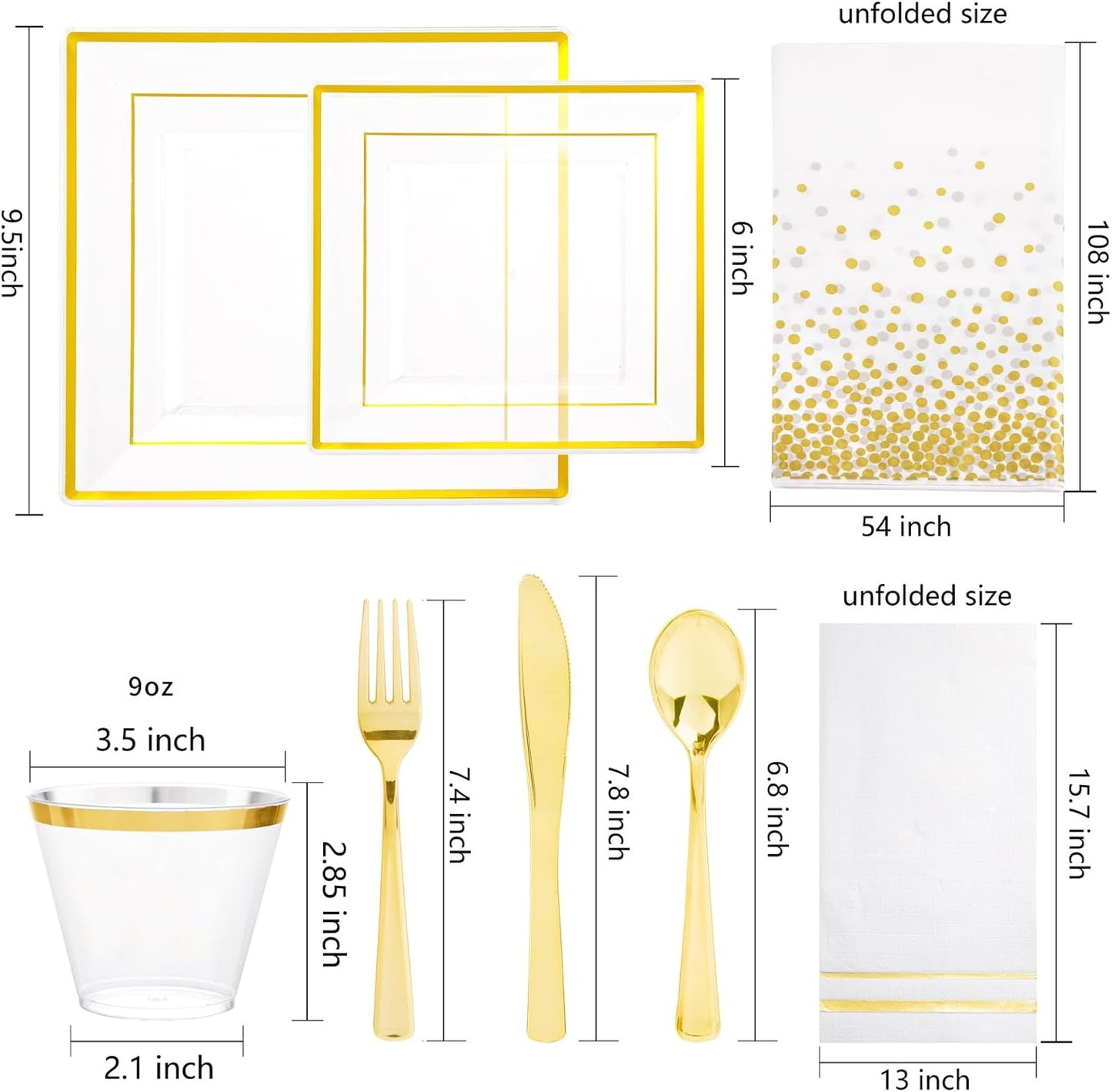 Festiva 176Pcs Clear and Gold Plastic Plates - Square Clear Plates with Gold Trim - Dinnerware Set for 25Guest include Cups Cutlery Napkins for Thanksgiving Party&Wedding&New Year