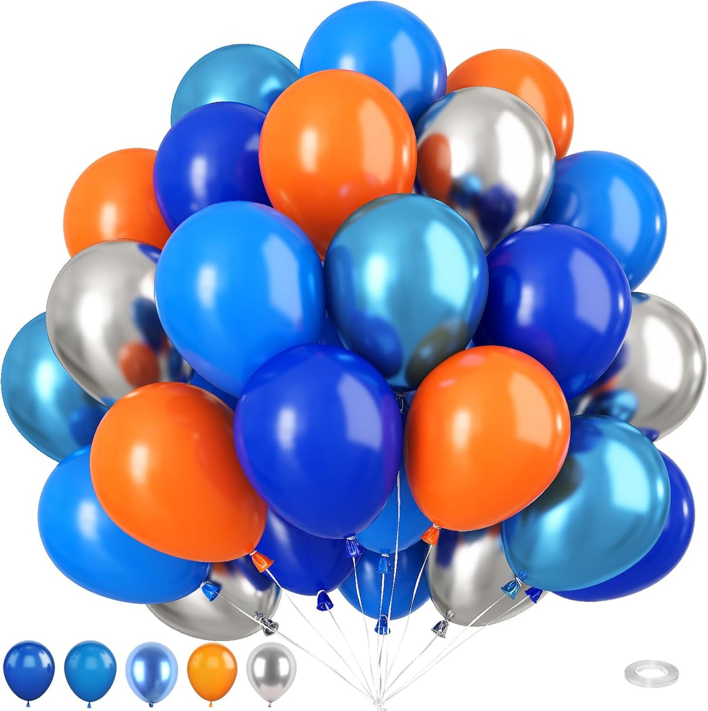 Blue and Orange Balloons, 50 Pcs 12 Inch Orange Royal Blue Metallic Silver Balloons with Ribbons for Birthday Party Wedding Baby Shower Graduate Decorations