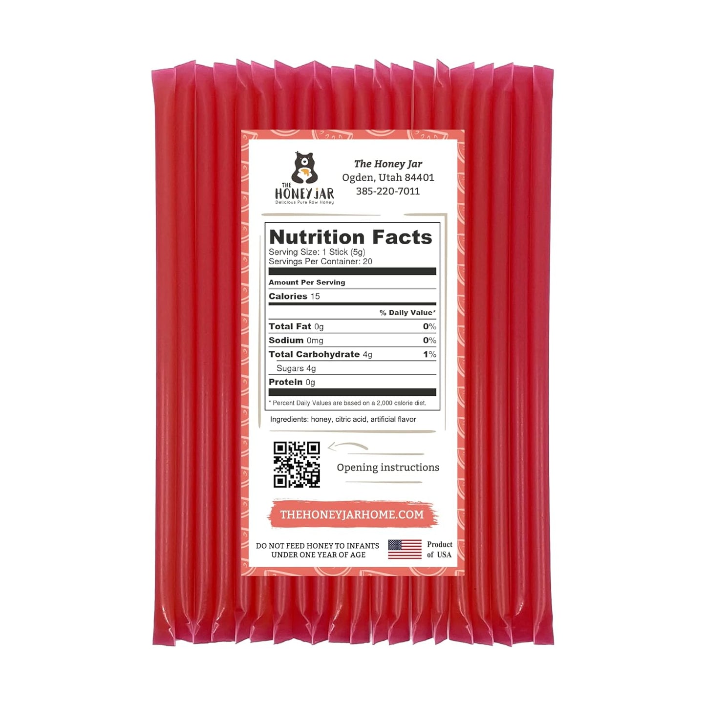 The Honey Jar Watermelon Flavored Honey Sticks - Pure Honey Straws For Tea, Coffee, or a Healthy Treat - One Teaspoon of Flavored Honey Per Stick - Made In The USA with Real Honey - (20 Count)