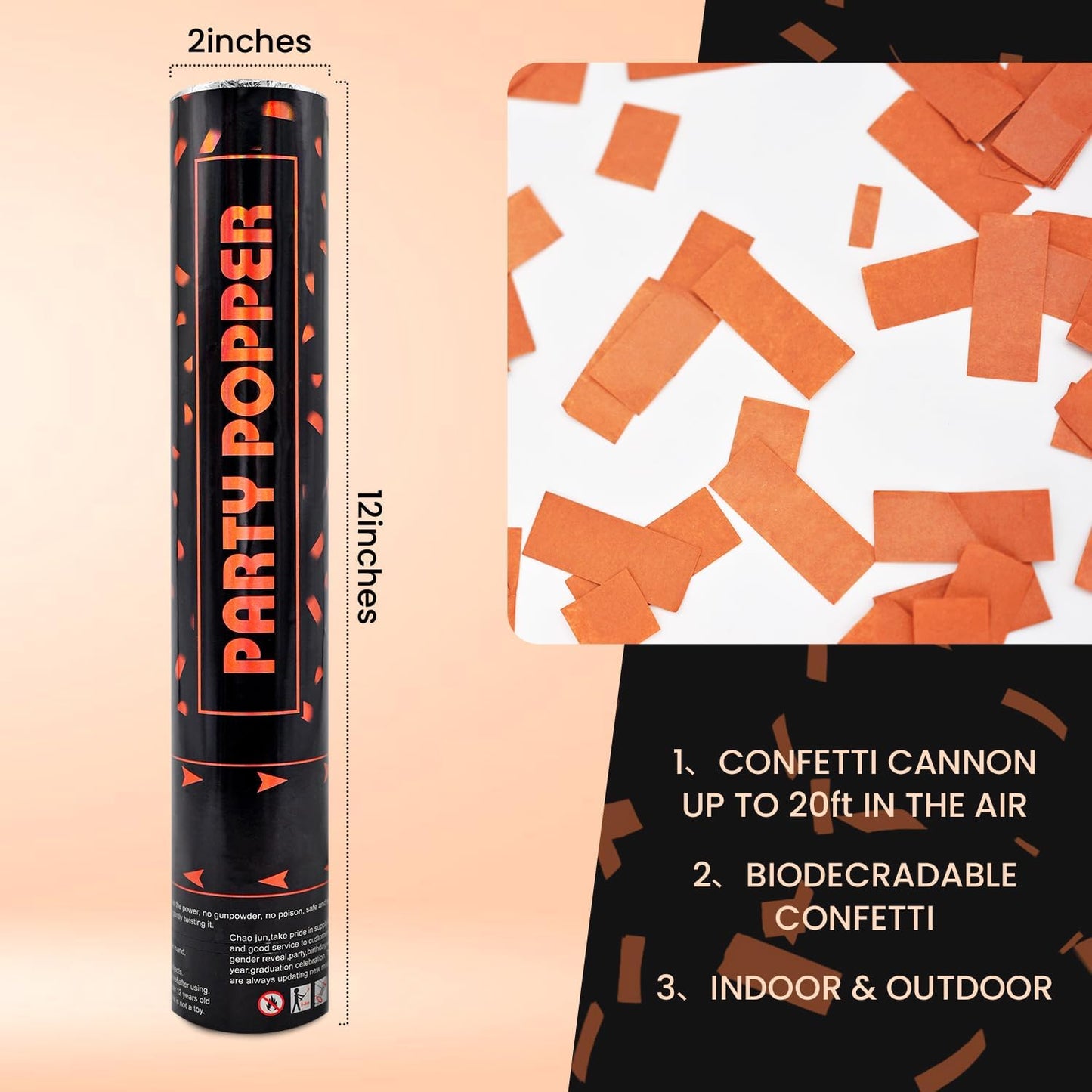 Confetti Poppers Orange Confetti Cannon 12 Pack Party Poppers Biodegradable12 inch Wedding Party Confetti Bulk Streamer Confetti Cannon Launches up to15-25ft for Christmas Birthday Graduation New Year