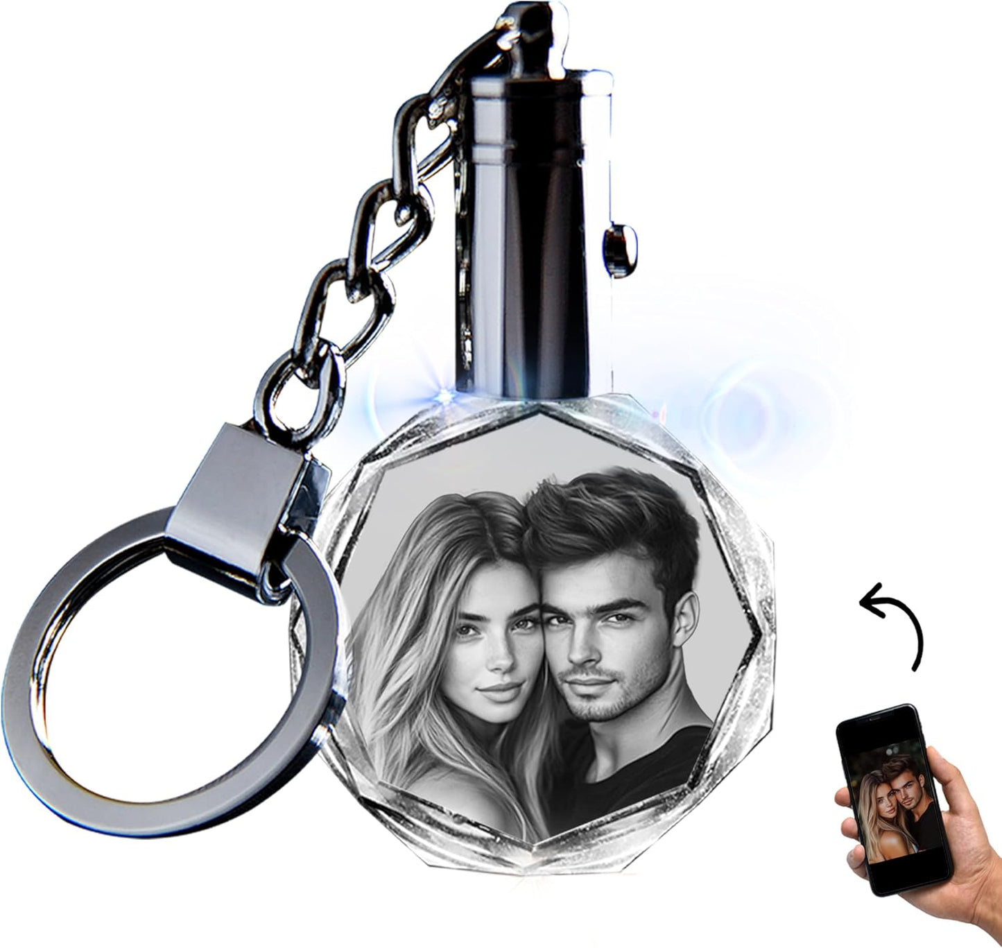 3D innovation Personalized Crystal Keychain Photo with LED Light Custom Laser Etched Key Chain, Valentines Gifts Keepsake