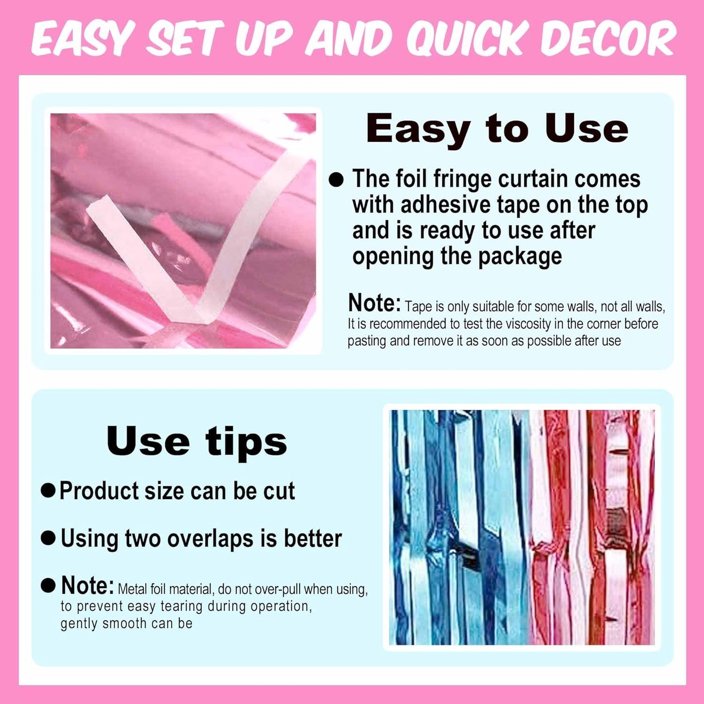 6 Pack Pink Blue Foil Fringe Curtains Backdrop, 3.28 x 8.2 Ft Metallic Streamers Tinsel Curtains Background for Photo Booth, Birthday, Weddings, Carnivals, Graduation, Themed Party Decorations