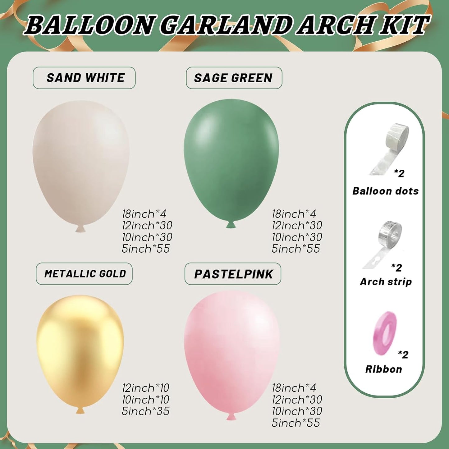 412Pcs Pink and Green Balloon Garland Arch Kit -Different Sizes 18 12 10 5inch Sage Green and Pink White Sand Gold Different Size Balloons for Girl Birthday Jungle Safari Woodland Party Decorations