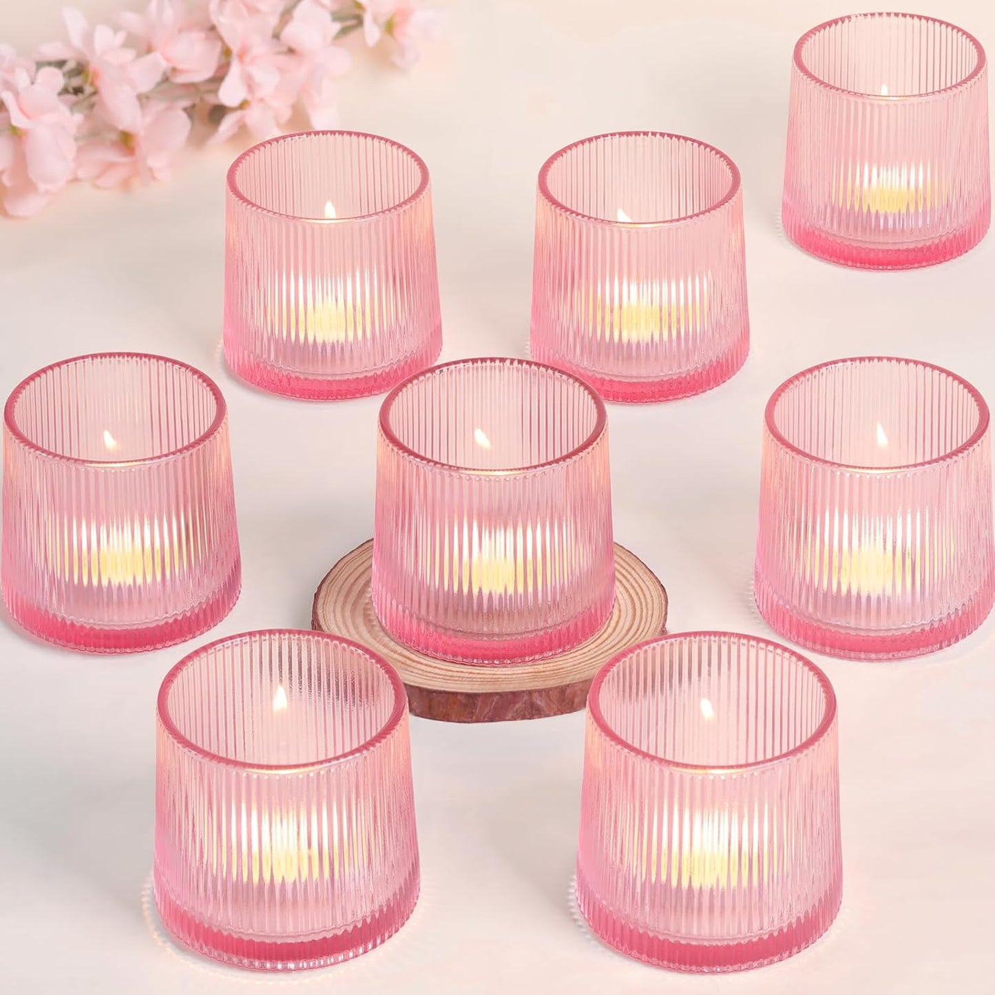 Pink Ribbed Tealight Votive Candle Holders Set of 10- Votive Candle Holders for Table Centerpiece, Tea Light Candle Holder Glass for Wedding and Home Decor, Blue Decor and Gifts