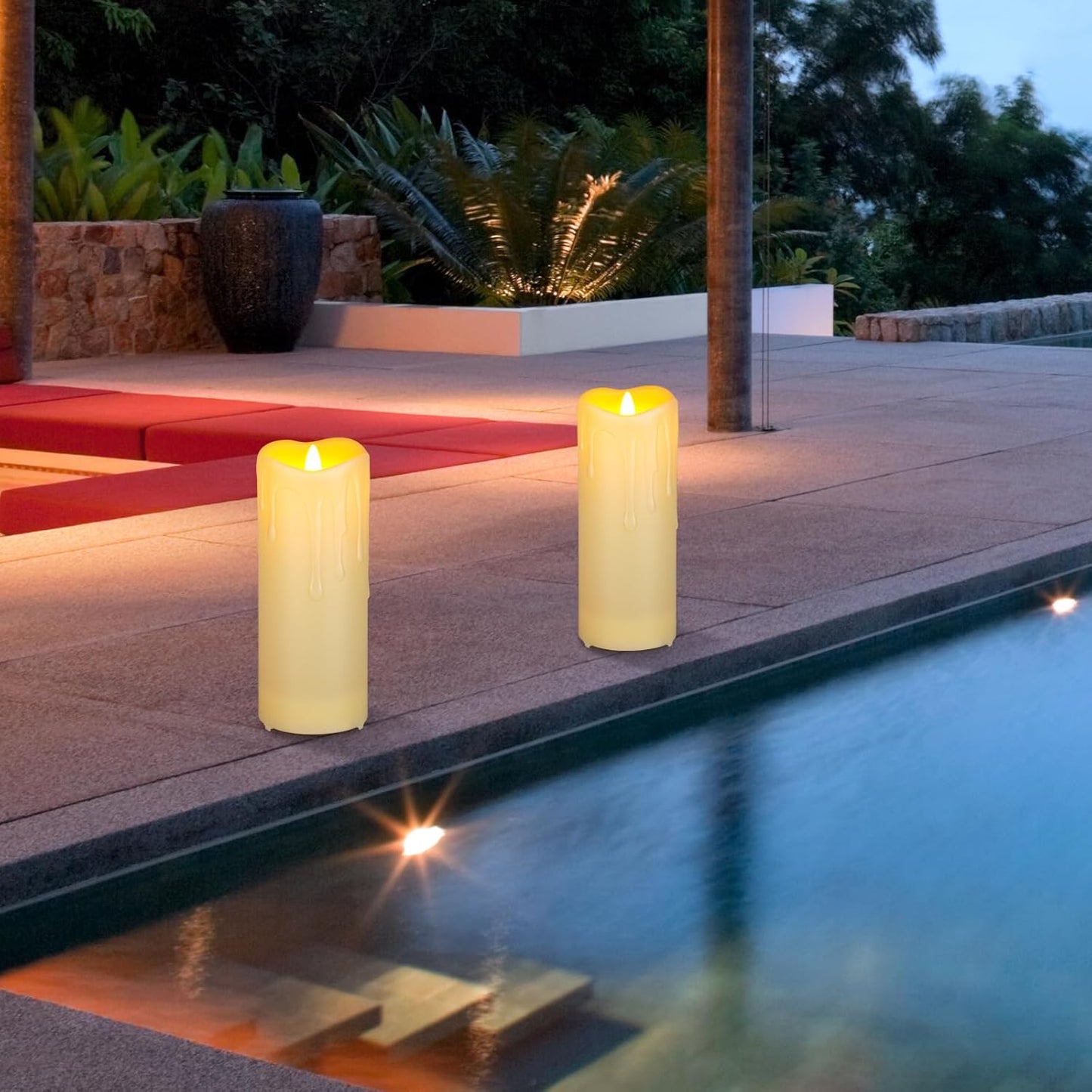 Enido Flameless Candles LED Candles Outdoor Waterproof Candles(D: 4" x H: 10") Battery Operated Plastic Pack of 2 Pillar Candle for Portico and Fireplaces